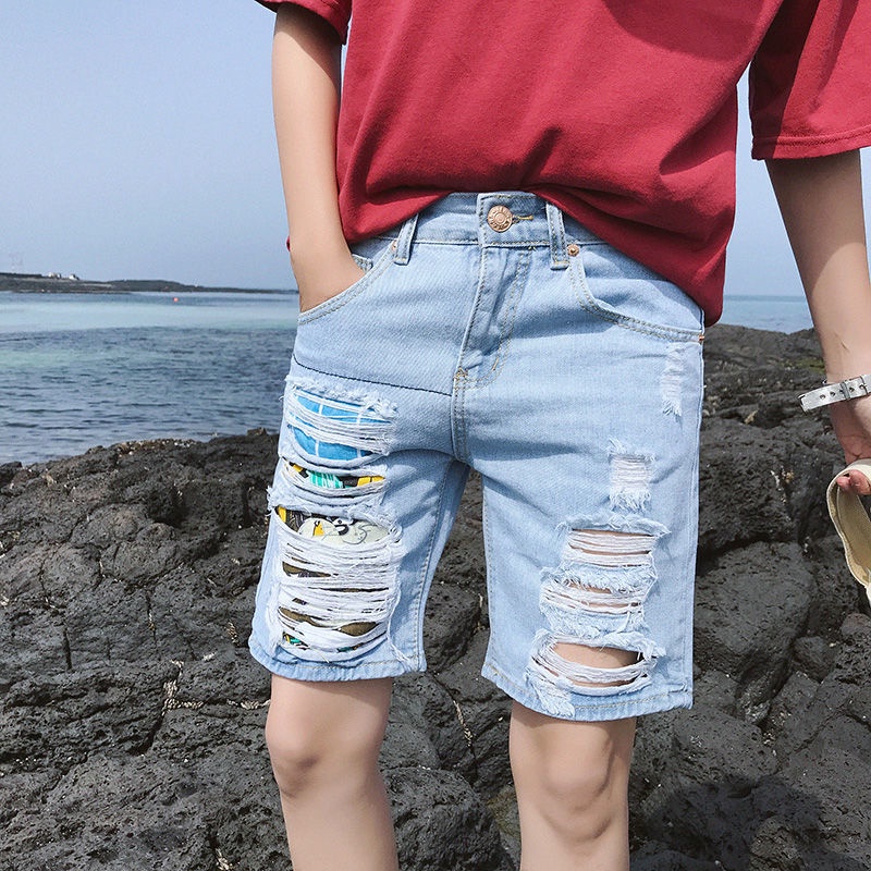 Quần Short Denim Rách Năm Tấc Dễ Phối Đồ Thời Trang Mùa Hè Phong Cách Mỏng
