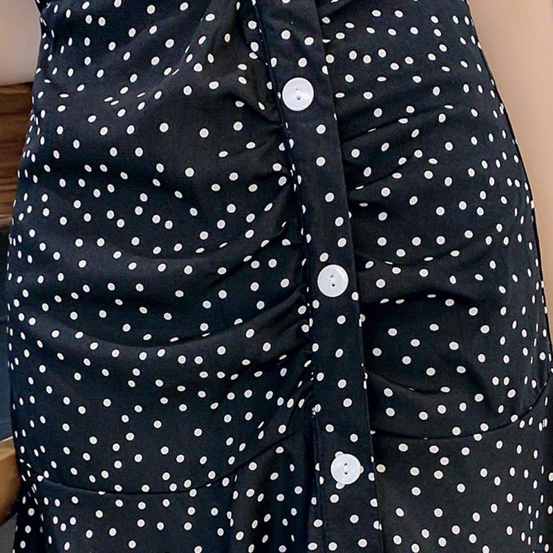 Đầm lưng cao cổ chữ V hoạ tiết chấm bi phong cách retro đầm hoa váy hoa nhí