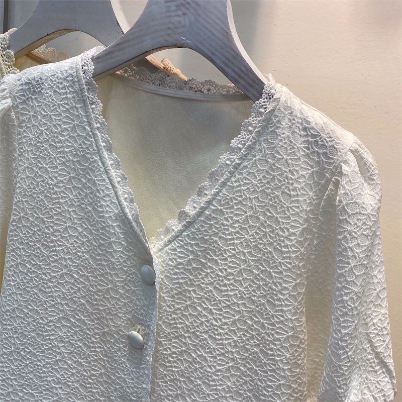 Áo Sơ Mi Ngắn Tay Cổ Chữ V Phối Ren Thiết Kế Mới Thời Trang Mùa Hè Dành Cho Nữ