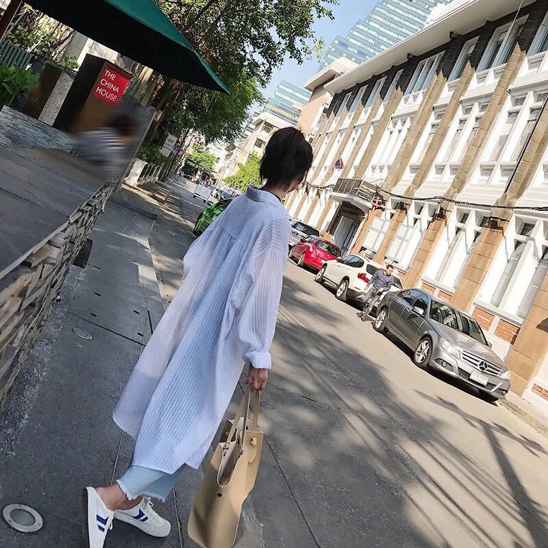 [Leonabuy] Áo sơ mi Cotton lanh tay dài dáng rộng kẻ sọc phong cách Hàn Quốc thời trang mùa hè cho nữ