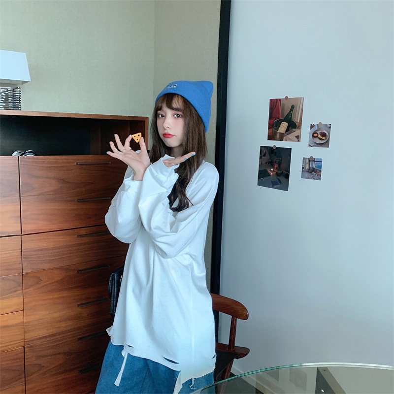 【ZHELIHANGFEI】Áo Thun Tay Dài Rách Cá Tính Trẻ Trung Hợp Thời Trang