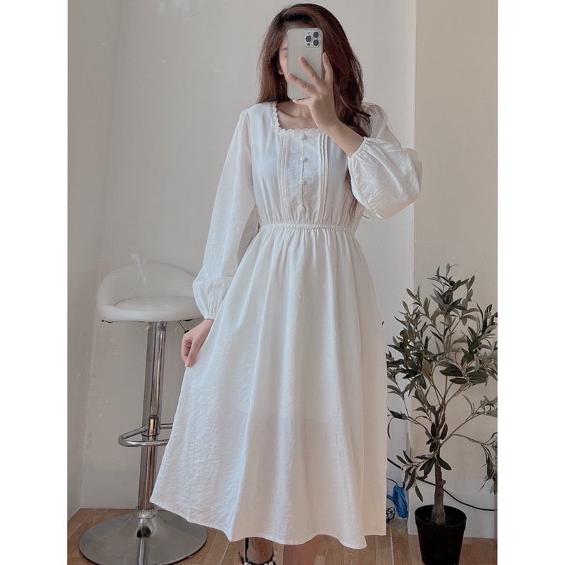 Đầm - váy trắng cổ ren dài tay 0112
