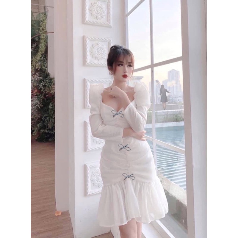 Đầm dự tiệc nhún thân cài tag nơ | BigBuy360 - bigbuy360.vn