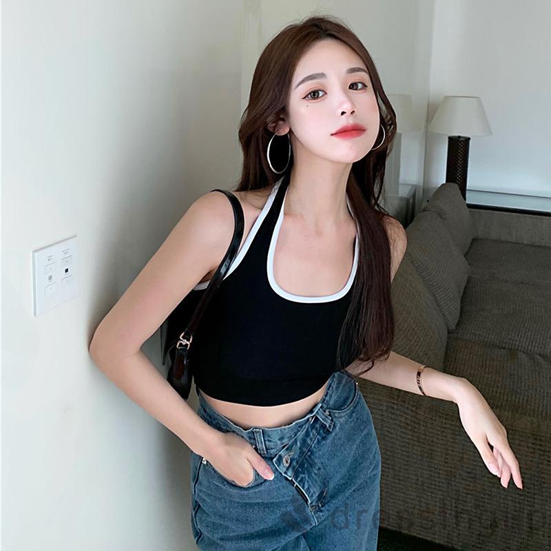 Áo croptop không tay hở lưng màu sắc tương phản thời trang mùa hè cho nữ