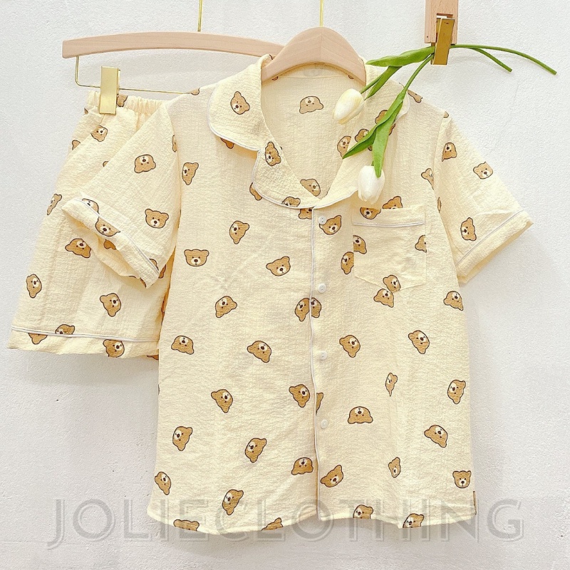 Đồ bộ pyjama mặc nhà tay ngắn, quần ngắn hình gấu, thỏ, vịt dễ thương, chất xốp