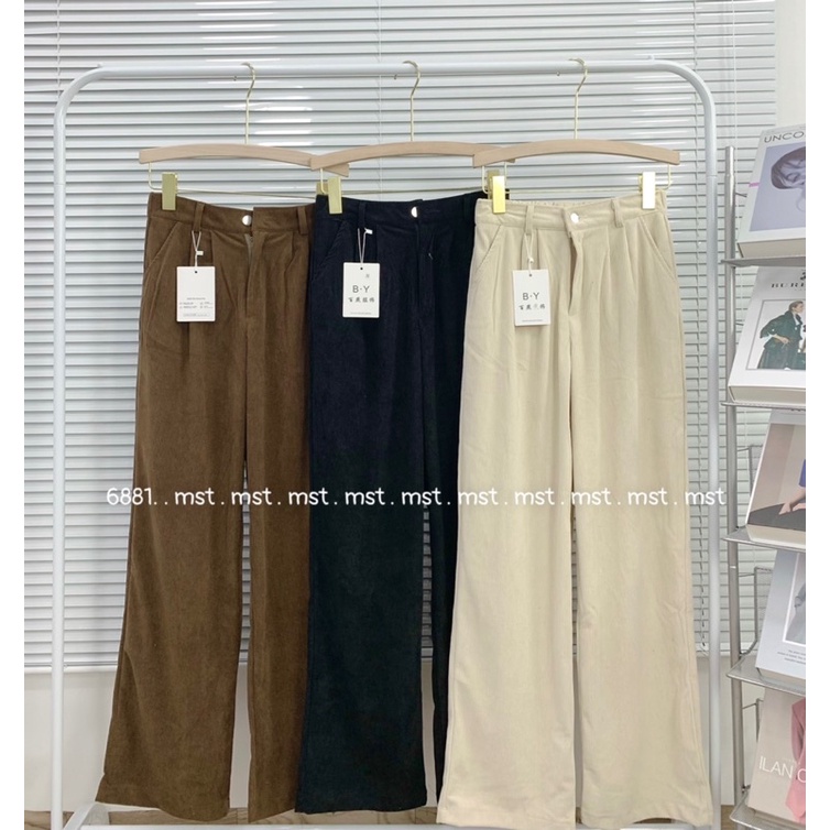 quần nhung tăm dày dặn ống rộng unisex có cạp chun sau phong cách hàn