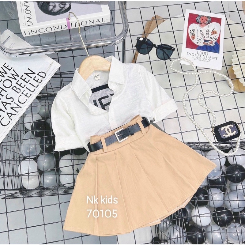 Set váy học sinh kèm áo Bra và đai Lưng cho bé gái 15-30kg