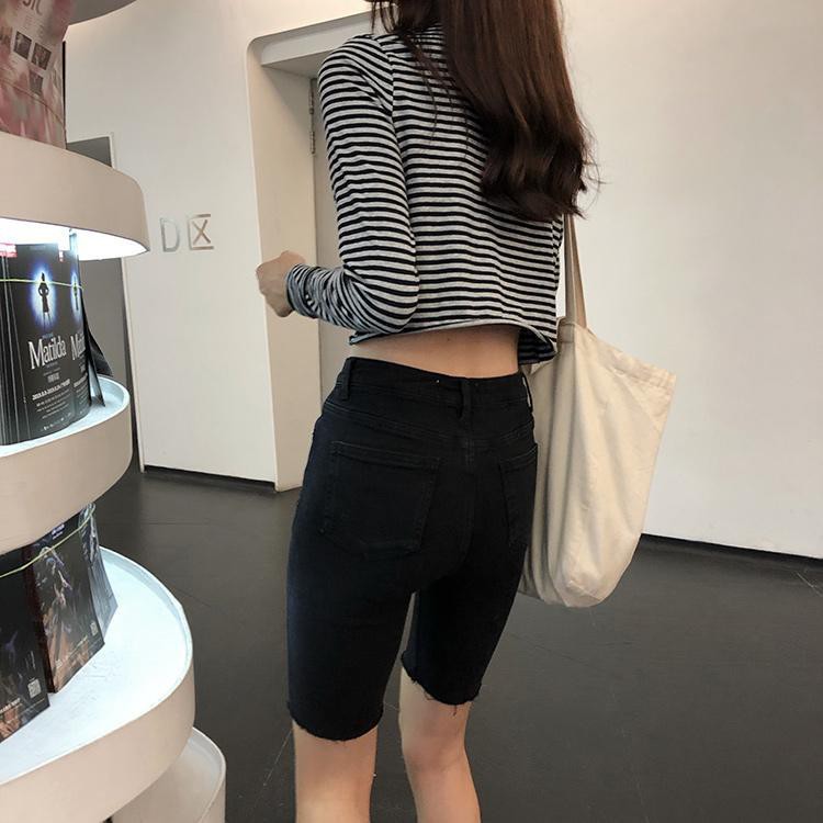 Quần Jeans Ngắn Màu Đen Lưng Cao Dáng Ôm Phong Cách Hàn Quốc Thời Trang Mùa Hè Cho Nữ 2021