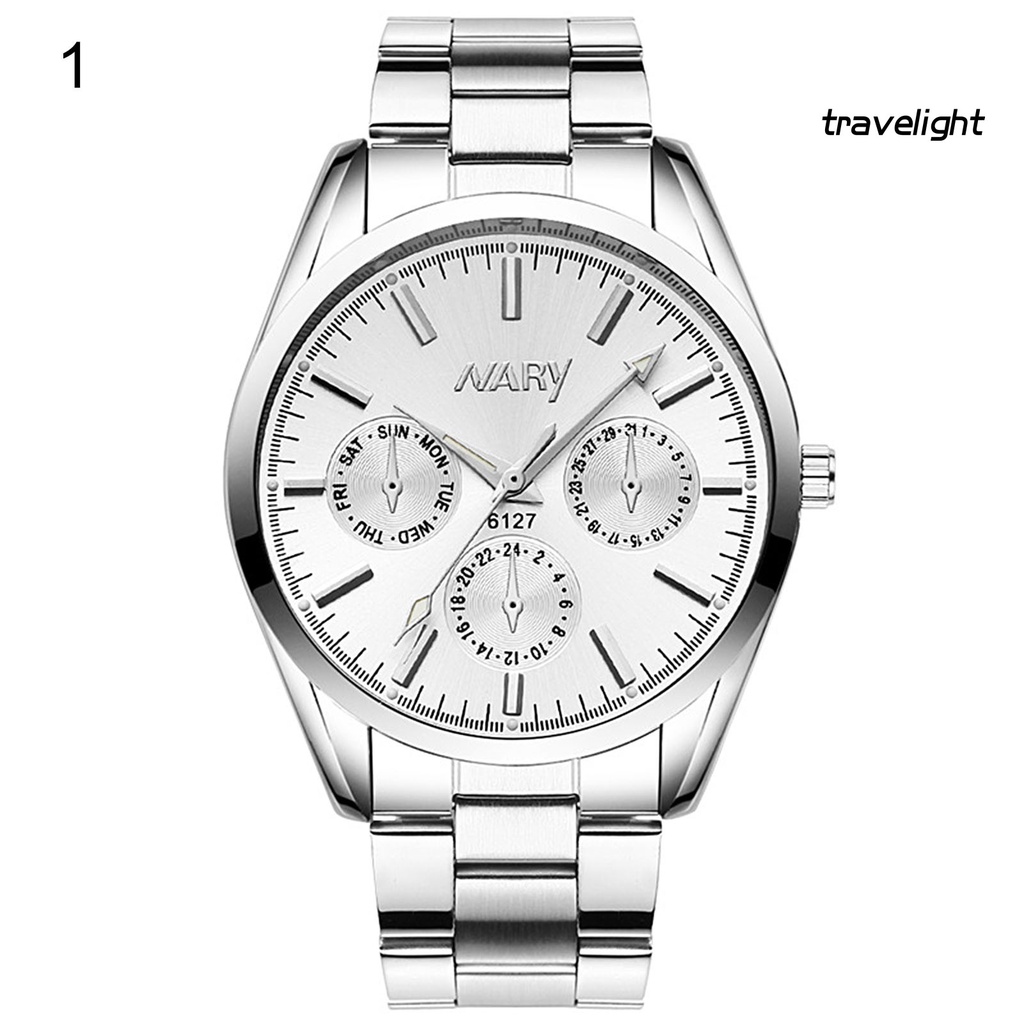 【TL】NARY Fashion Adjustable 3 Decorative Dial Steel Strap Office Business Silver Quartz Wristwatch Couple Watch