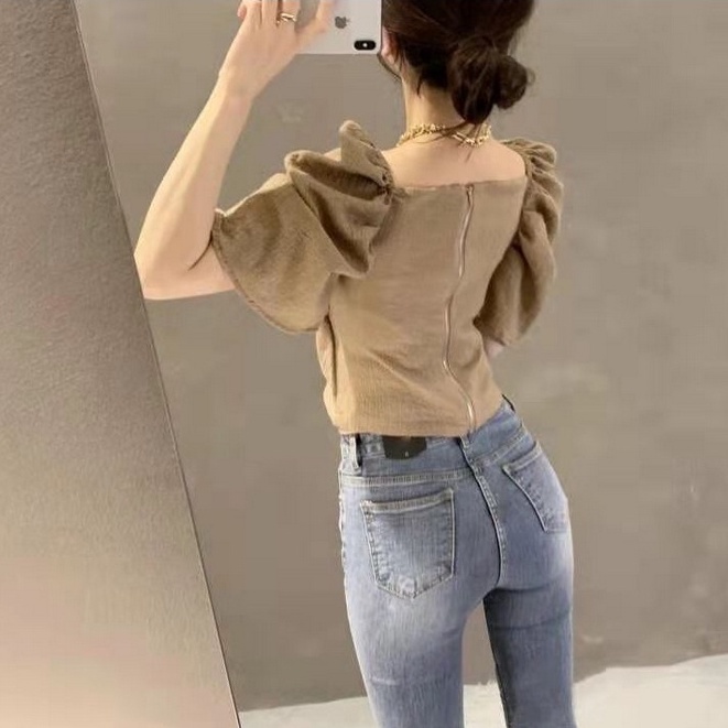 QADCOL  Áo kiểu tay phồng cổ chữ V ôm dáng phong cách Hàn Quốc