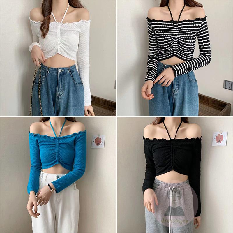 Áo Tank Top Tay Dài Hở Vai Màu Sắc Đơn Giản Dành Cho Nữ