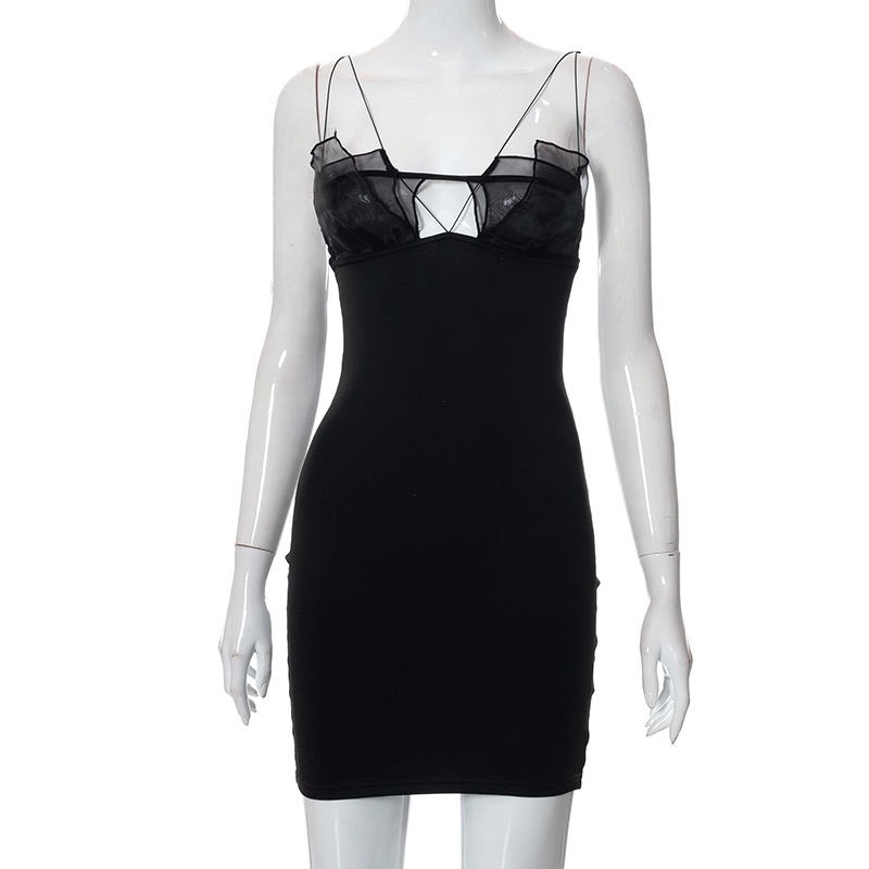 DUNEA Đầm hai dây L0318 ghép vải gợi cảm thời trang