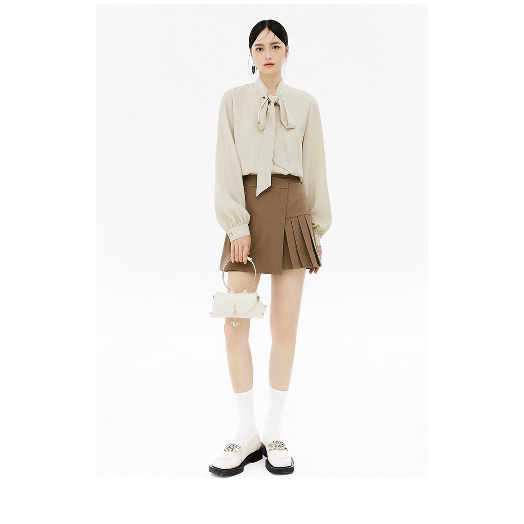 Áo Thời Trang Công Sở Nữ Cổ Nhật Thắt Nơ Tay Phồng, Sơ Mi Màu Be Basic Quyên Fashion AA538