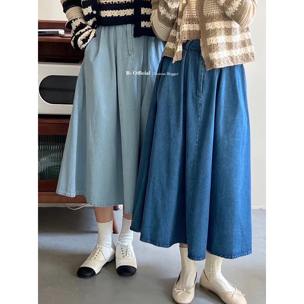 Chân váy denim chữ A cạp chun sau 1913