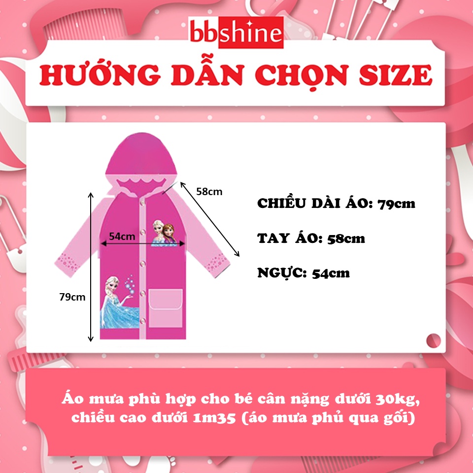 Áo mưa cho bé, Áo mưa trẻ em hoạt hình Elsa &amp; Peppa đáng yêu cho bé 4-10 tuổi BBShine – AM004