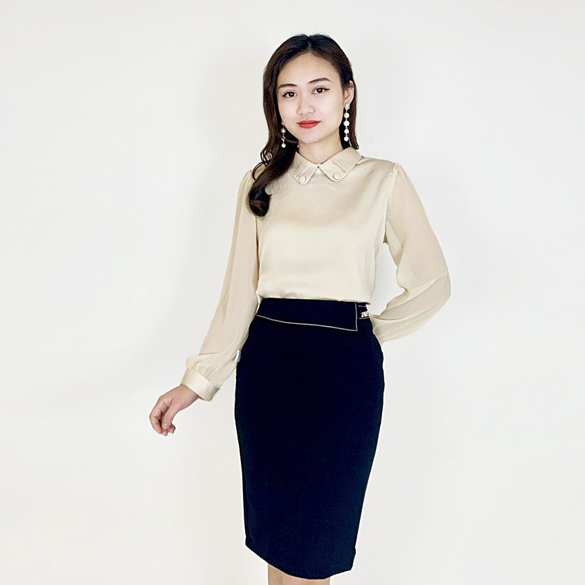 [Mã WASTUP giảm 10% tối đa 30K đơn 99K] Áo sơ mi nữ lụa dài tay phối tơ EMVY - A30
