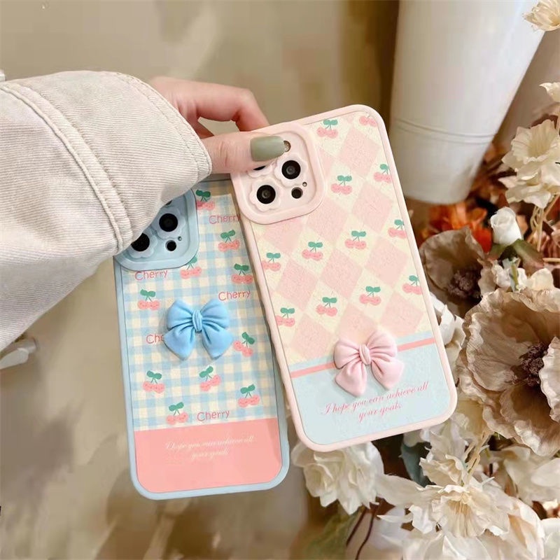 Ốp Điện Thoại Họa Tiết Cherry 3D Đính Nơ Xinh Xắn Cho IPhone 12 13 11 Pro Max X Xs Max Xr Asw1
