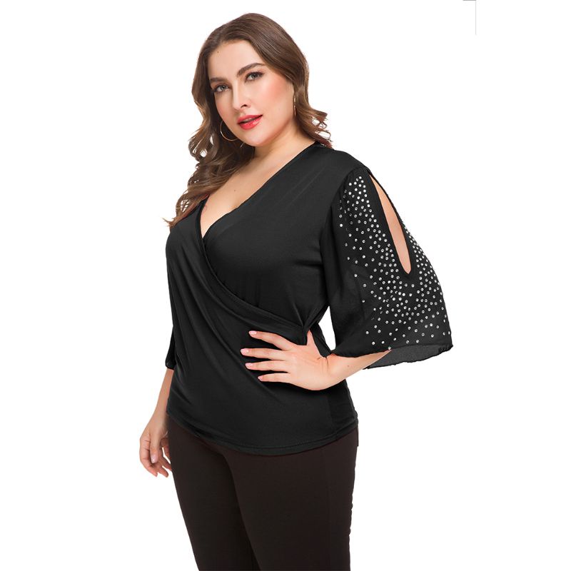 Đầm Ngắn Tay Cổ Chữ V Đính Đá Lấp Lánh Quyến Rũ Plus Size Cho Nữ
