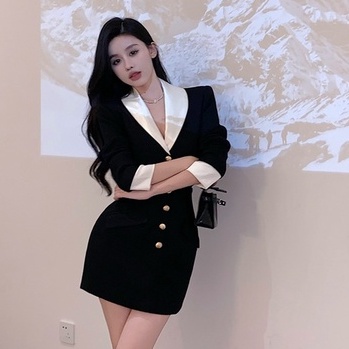 Áo Khoác Vest Tay Dài Dáng Ôm Màu Đen Phối Khuy Áo Và Chân Váy Lưng Cao Phong Cách Hàn Quốc Dành Cho Nữ