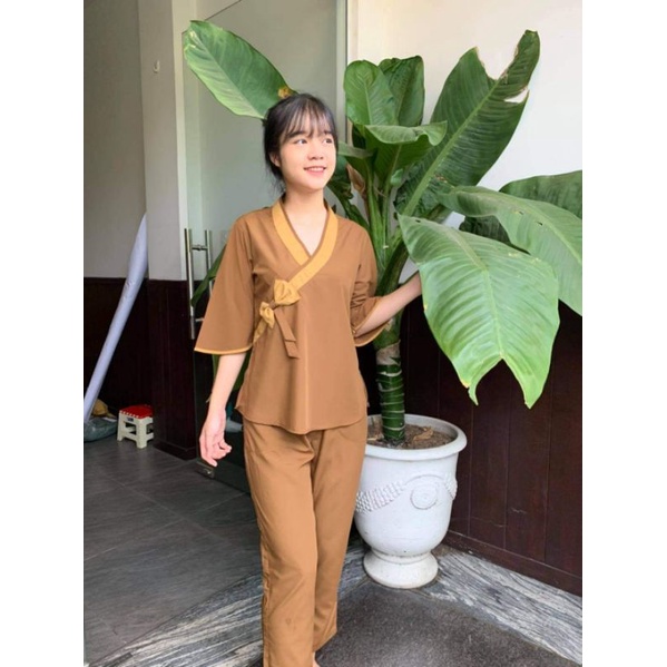 (Free ship +giảm giá 3k )đồ bộ nữ phật tử vải kte thoáng mát. nơ phối