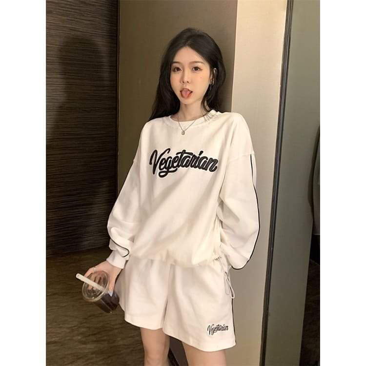 Bộ Dài Tay Kẻ 1 Sọc Vege PEONYB Unisex [FREESHIP]  Set đồ quần short đùi kèm thun sweater in hình vintage hàn quốc