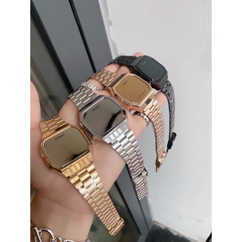 Đồng hồ nam, nữ CASIO Tráng gương LED cảm ứng cao cấp, dây thép