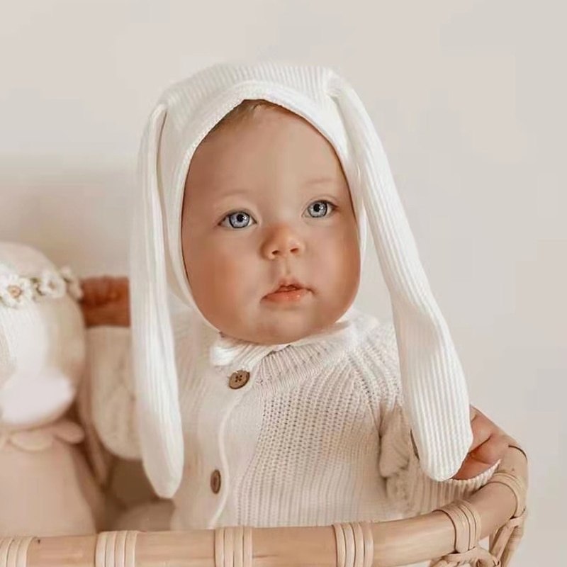 Mũ Beanie Dệt Kim Tai Thỏ Dài Mềm Mại Màu Trơn Có Dây Đeo Dành Cho Trẻ Sơ Sinh
