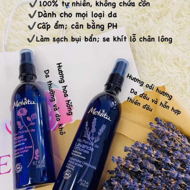 Nước hoa hồng Melvita Lavender cân bằng ẩm - cho da dầu & hỗn hợp thiên dầu - Hàng Pháp chĩnh hãng