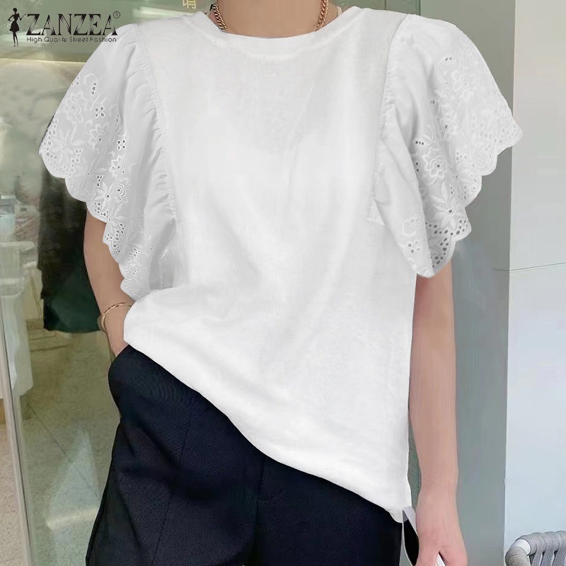 ZANZEA Áo Thun Tay Ngắn Cổ Tròn Phối Ren Thời Trang Cho Nữ