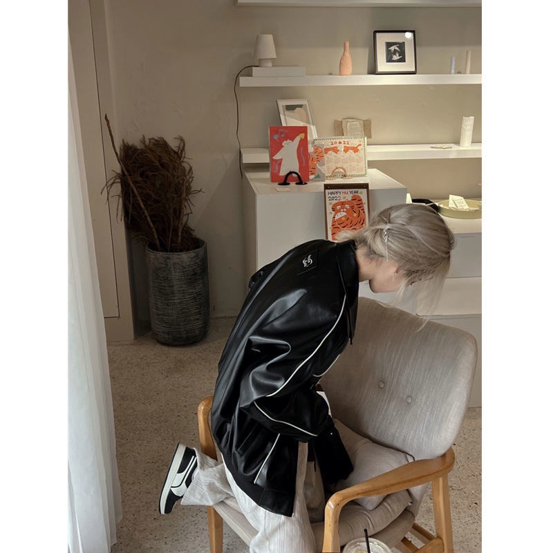 Áo Khoác Da Phối Màu Tương Phản Phong Cách Đường Phố Thời Trang Mùa Thu Cho Nữ