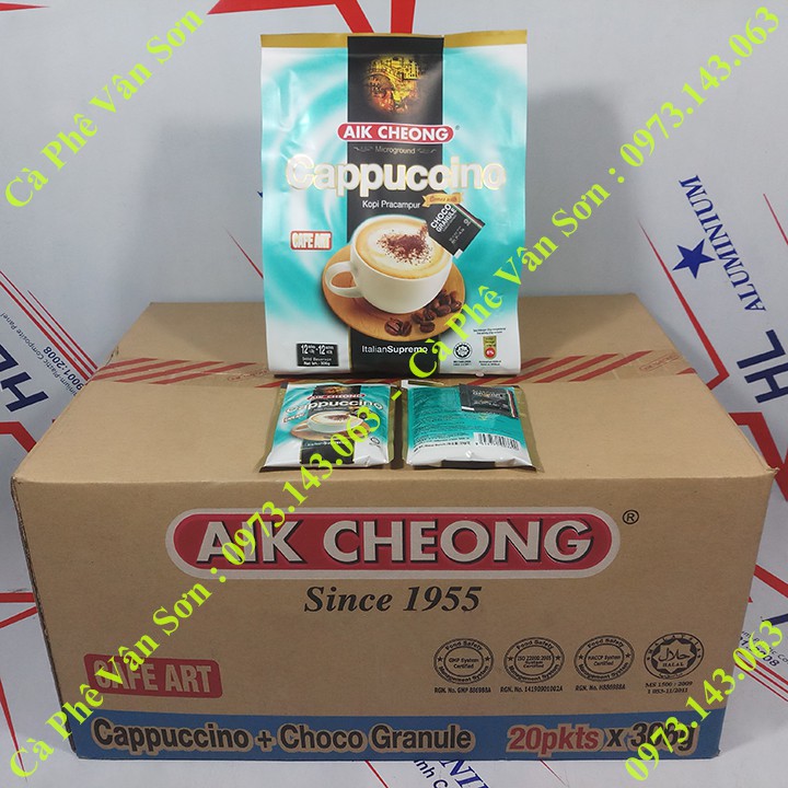 Thùng Cà phê Cappuccino Aik Cheong 20 bịch 306g (12 gói * 25g) kèm gói Caocao nhỏ 0.5g