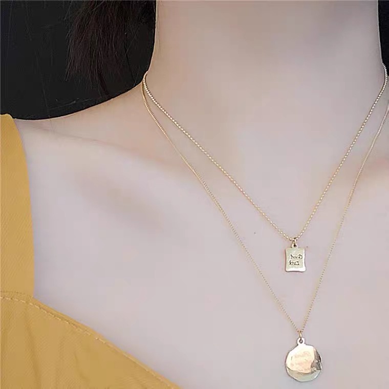 Dây Chuyền Hai Lớp Bằng Thép Titan Mạ Vàng Hồng / Vàng Hồng / Bạc Mặt Hình Vuông / Tròn Khắc Chữ Tiếng Anh Cá Tính Cao Cấp