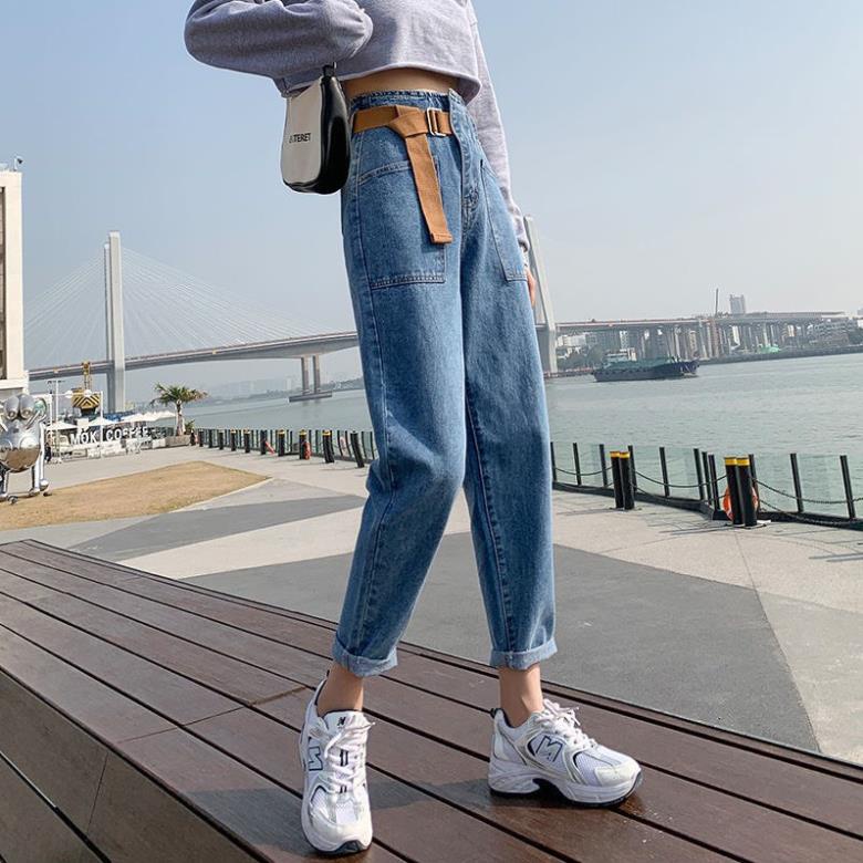 Quần jean nữ ống đứng cạp cao túi trước phối dây đai kiểu dáng thời trang Hàn Quốc | WebRaoVat - webraovat.net.vn