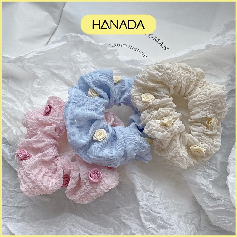 Dây Buộc Tóc Vải Hình Hoa Thêu, Cột Tóc Scrunchies Màu Pastel Xanh Hồng Dễ Thương Hanada K4-V005