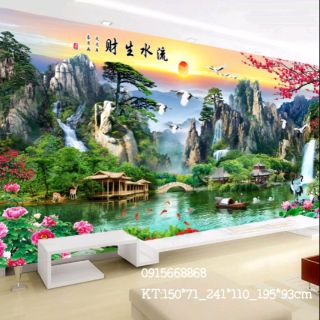 Tranh thêu chữ thập phòng cảnh lưu thủy sinh tài khổ lớn kt 241*110cm