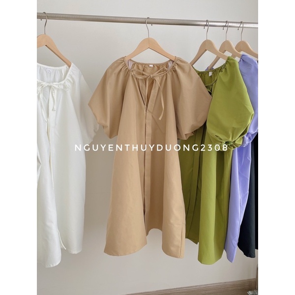 [HÀNG SẴN]VÁY THÔ NẾN FORM SUÔNG TAY BỔNG CỘT NƠ CỔ CỰC XINH