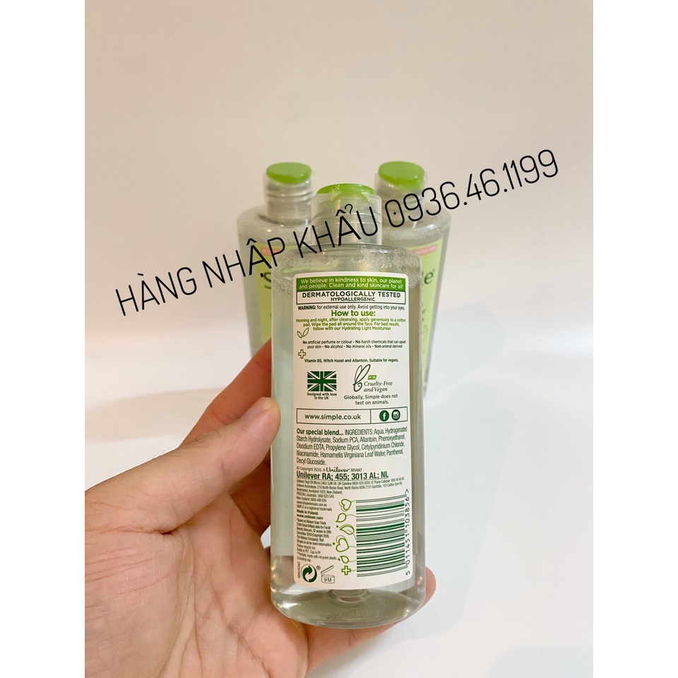 Nước hoa hồng Simple Toner oner Simple Kind To Skin Soothing Facial làm dịu và cân bằng độ ẩm cho da - lành tính không c