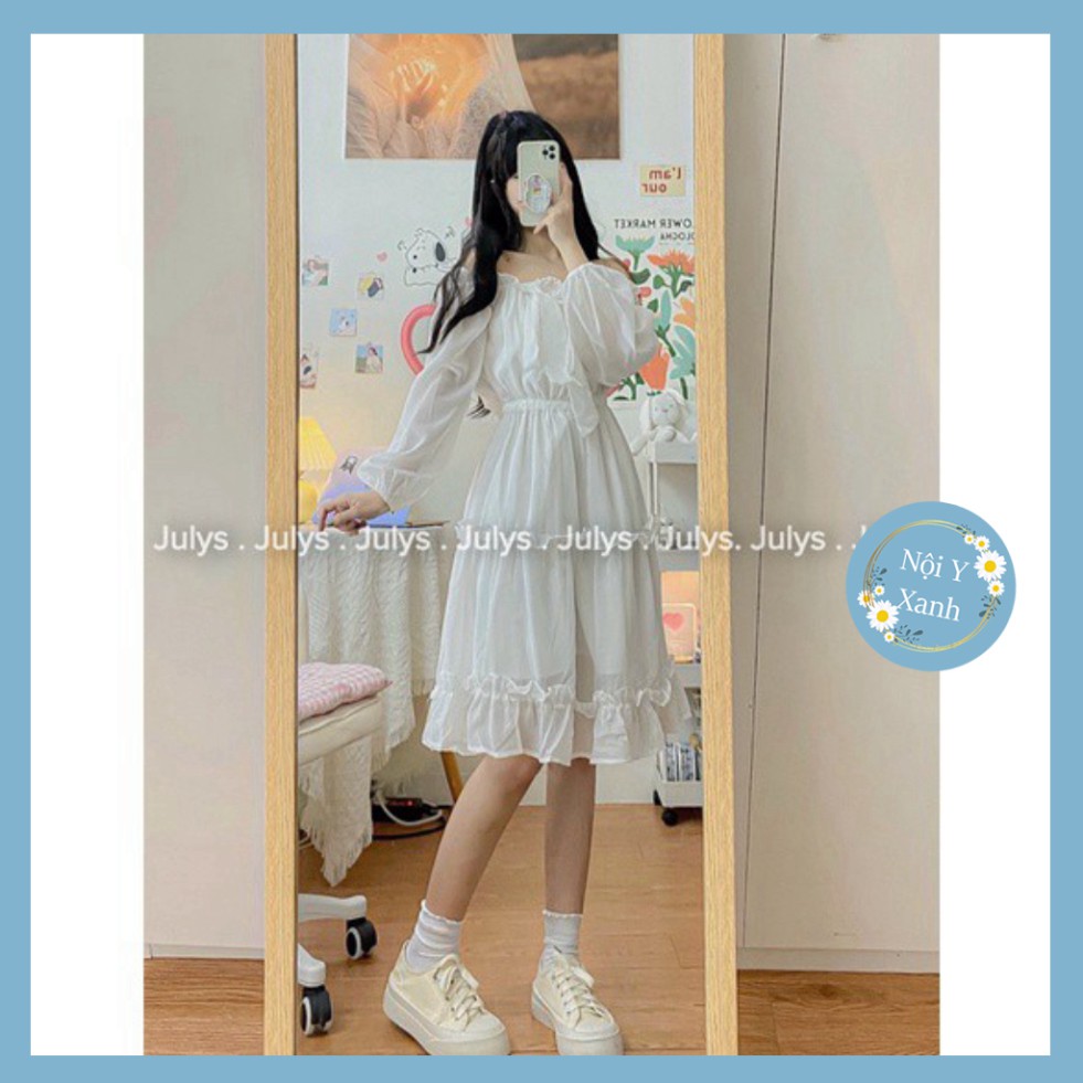 váy trễ vai trắng tay bồng dáng dài, đầm trễ vai tiểu thư dự tiệc năng động cho bán gái, chất đẹp rẻ