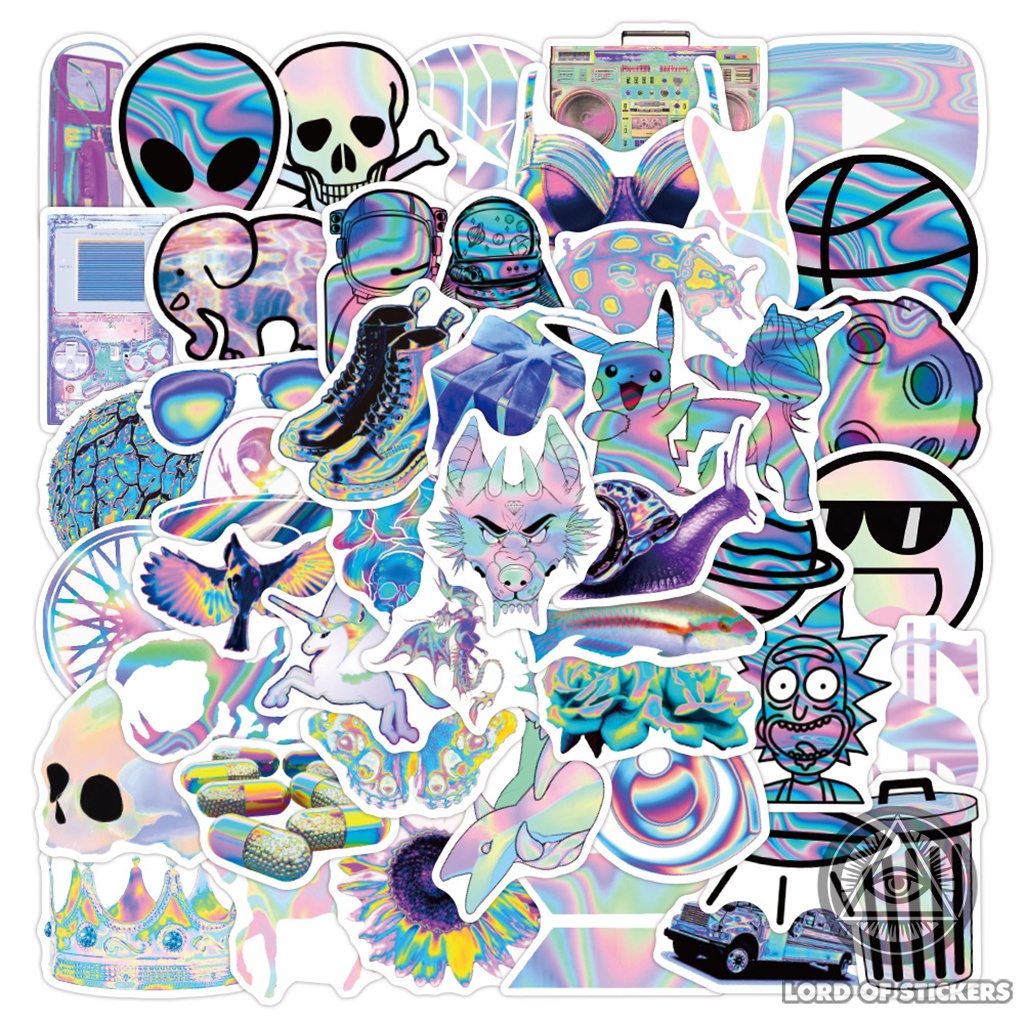 Set 50 Nhãn Dán Holographic Graffiti Sticker Phong Cách Hoạt Hình Cute Chống Thấm Nước Dán Mũ Bảo Hiểm, Laptop, Vali, Sổ