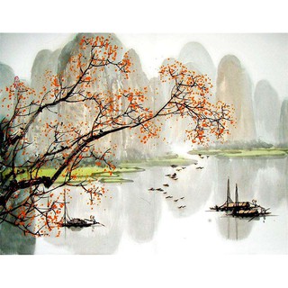 Tranh sơn dầu số hóa tự tô màu theo số có khung - [147] SƠN THỦY HỮU TÌNH (40*50)