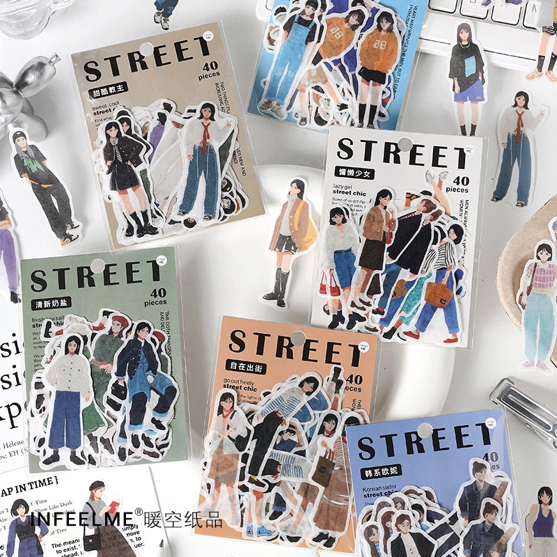 Set 40 Sticker Dán Trang Trí Sổ Tay Diy Hình Cô Gái Dễ Thương Phong Cách Hàn Quốc
