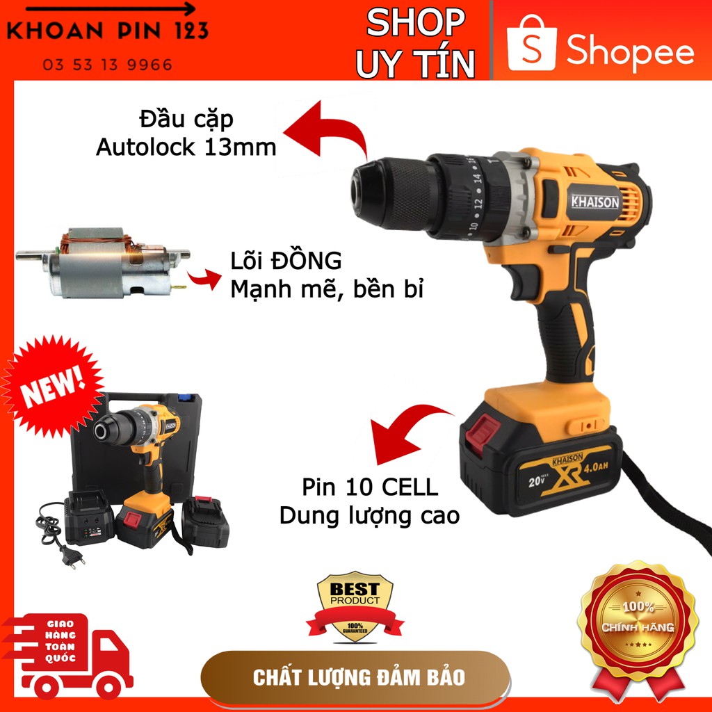 Khoan pin đầu kẹp 13mm Khaison chính hãng, pin chuẩn 10cell 4A (có búa)