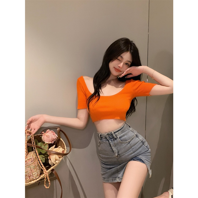 Áo Thun Ngắn Tay Cổ Vuông Thời Trang Hàn Quốc Cho Nữ