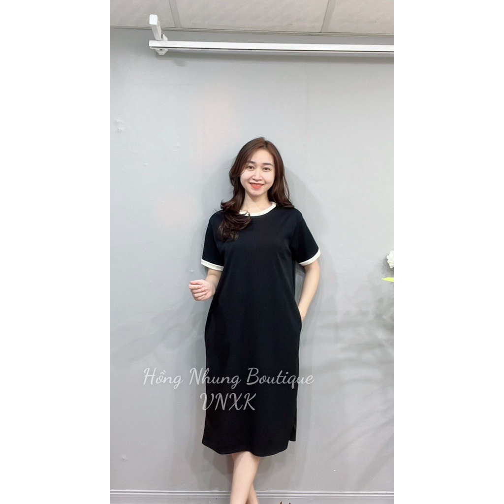 Váy Suông dài bigsize nữ , Váy cổ phối 3 màu Ghi, Đen, Kem