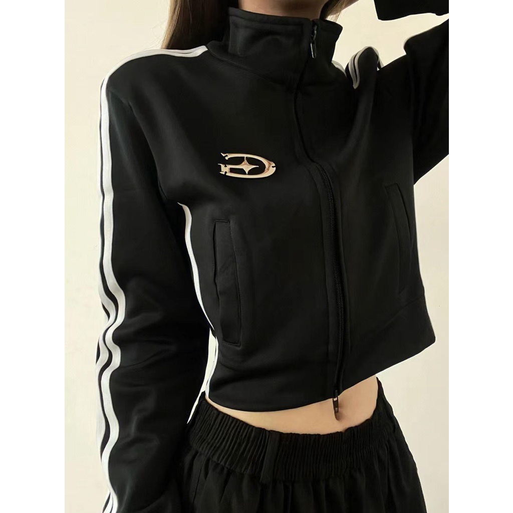 Áo Thun Tay Dài Cổ Đứng Họa Tiết Sọc Ngang Thời Trang Dành Cho Nữ