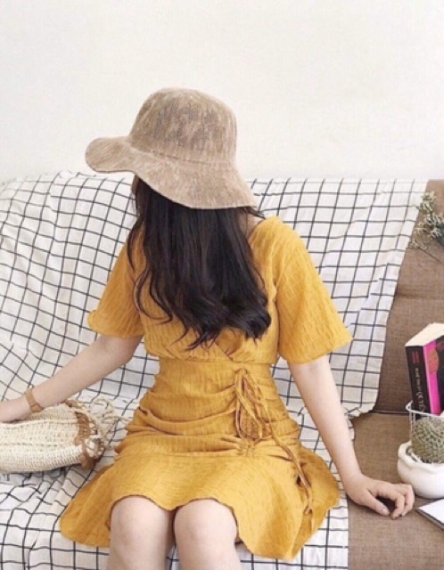 (Ảnh thật)Đầm xòe nhún xốp vàng rút hông eo sexy vải đẹp | BigBuy360 - bigbuy360.vn