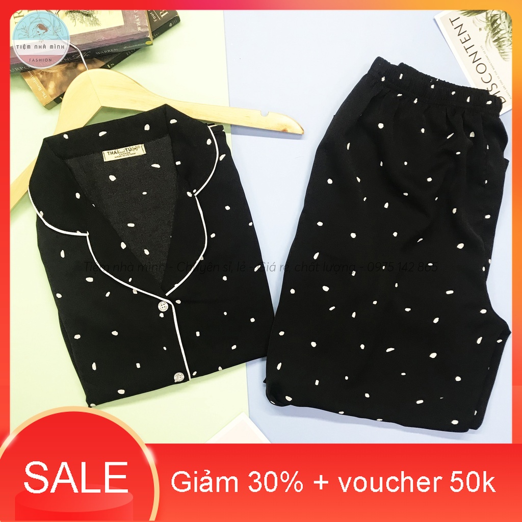 Đồ bộ mặc nhà Pijama tay dài đen chấm bi cực sang