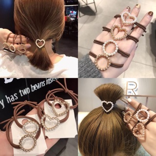 (Phụ Kiện Tóc) Chun buộc tóc nữ hình trái tim, hình tròn đính ngọc kiểu dáng Hàn Quốc