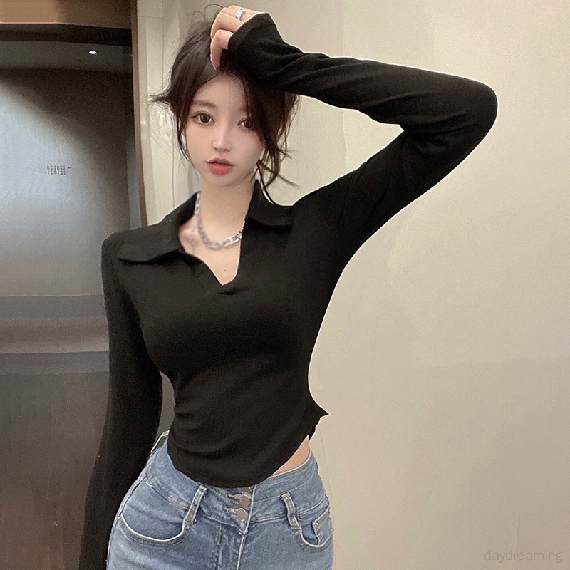 Áo Thun Tay Dài Cổ Chữ V Màu Sắc Đơn Giản Phong Cách Hàn Quốc