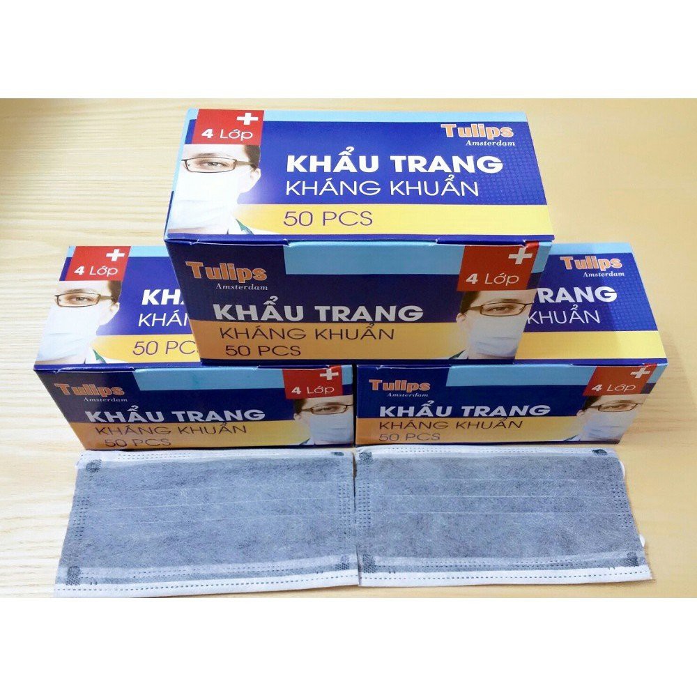 Khẩu trang y tế 4 lớp kháng khuẩn Tulips Xanh, Xám, Trắng - Hộp 50 cái